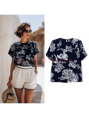 Coastal | Linda Allard Ellen Tracy 100% Silk Floral Navy Blouse Relaxed Fit Top